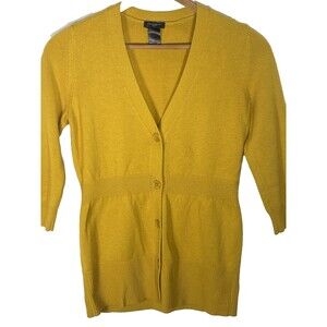 ANN TAYLOR Babydoll Sweater Wool Blend Button V-Neck 3/4 Sleeve Womens XS Yellow